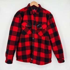 Dickies Mens Red Black Buffalo Plaid Quilted Lined Fleece Shirt Jacket Medium